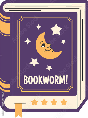 An open purple book with a smiling crescent moon and stars on the cover and the word bookworm written on it