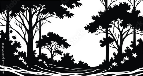 Papercut silhouette forest landscape framed view with layered trees shrubs winding path and scattered maple leaves high contrast vector art black white ornamental nature scene serene