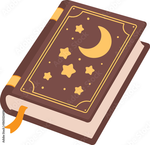 Brown and gold book with crescent moon and stars on the cover