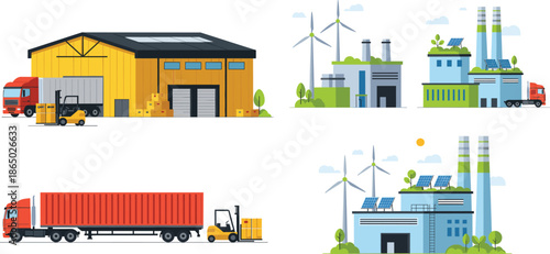 Industrial warehouse and eco factory illustration set featuring logistics transport renewable energy production and modern manufacturing facilities
