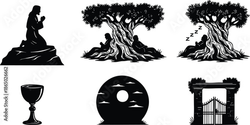 Religious vector set showing prayer at garden tree reclining disciple sleeping chalice empty tomb sunrise gated entrance pearly gates easter scenes in black silhouette minimalist icons