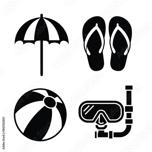 Black and white of umbrella, flip flops, beach ball, and snorkeling gear