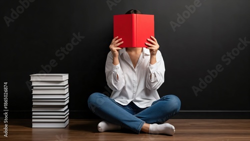 Young Woman Reading Book While Sitting on Floor with Stack of Books in Background