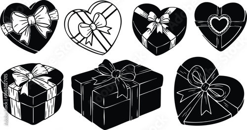 Line art vector heart shaped gift boxes set with ribbons close up top view assorted valentines day presents in black and white hand drawn