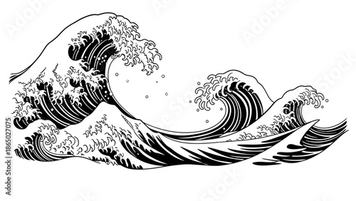 Traditional Japanese style large ocean wave with splashing water isolated on white background