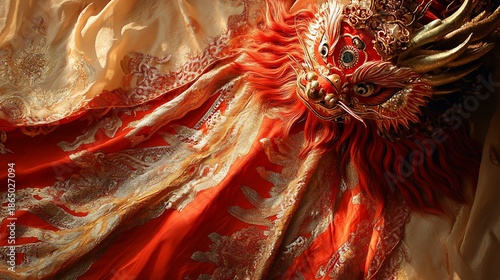 Wallpaper Mural Ornate Chinese dragon mask on vibrant silk Torontodigital.ca