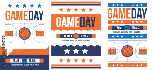 Game Day. Basketball playoff in March. Super sport party in United States. Final games of season tournament. Professional team championship. Ball for basketball. Sport poster. Vector
