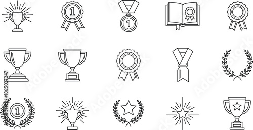 Adobe Stock Optimized Title Award icon set featuring trophy cup, medal, ribbon, laurel wreath, winner, victory, flat vector, achievement.