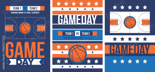 Game Day. Basketball playoff in March. Super sport party in United States. Final games of season tournament. Professional team championship. Ball for basketball. Sport poster. Vector