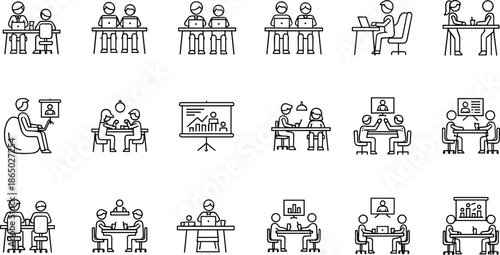 Adobe Stock Optimized Title Business meeting icon set featuring teamwork, coworking, office, presentation, collaboration, people, flat vector, startup elements.