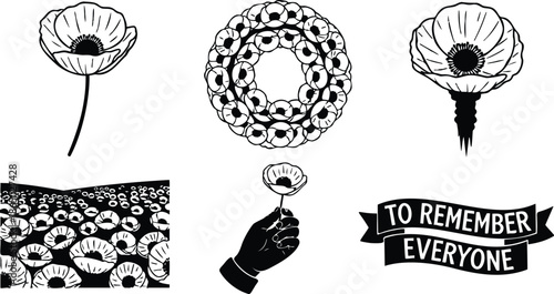 Line art vintage poppy wreath and hand holding single poppy over memorial field with banner reading to remember everyone high contrast black and white simplistic silhouette