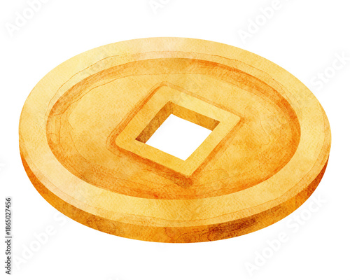 Watercolor Chinese Coin Illustration
