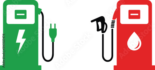 Green and red charging stations with electric plug and fuel nozzle