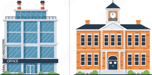Office and school building illustration set featuring modern corporate workplace and classic educational architecture exterior designs