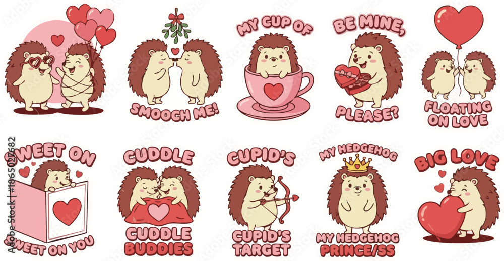 Fototapeta premium Adorable hedgehog couple stickers with love quotes like 