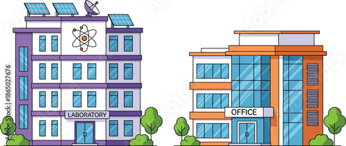 Modern laboratory and office building illustration set featuring scientific research facility corporate workspace and contemporary urban architecture
