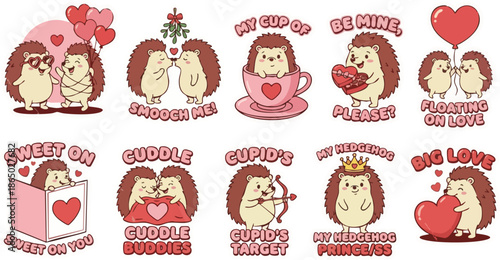 Adorable hedgehog couple stickers with love quotes like "Smooch Me" and "Cuddle Buddies." Perfect for romantic greeting cards, planners, and Valentine decorations in flat vector style.