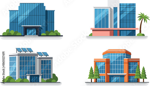 Modern office building illustration set featuring corporate architecture glass facades urban facilities and contemporary business exterior designs