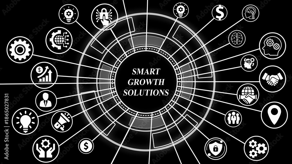 Fototapeta premium Smart Solutions Network Hub with Business and Technology Icons on Black Background abstract artificial intelligence