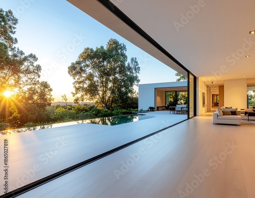 Sunset view from a modern luxury apartment with large glass windows showing a serene landscape