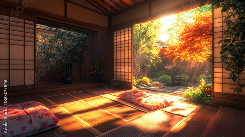 Wallpaper Mural Peaceful Japanese interior with garden view. Sunlight streams into a traditional room Torontodigital.ca