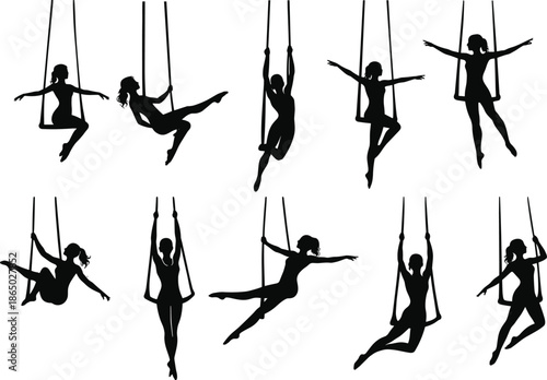 Aerial yoga silhouette set featuring female performers practicing acrobatics on hanging straps isolated black vector illustration collection fitness art