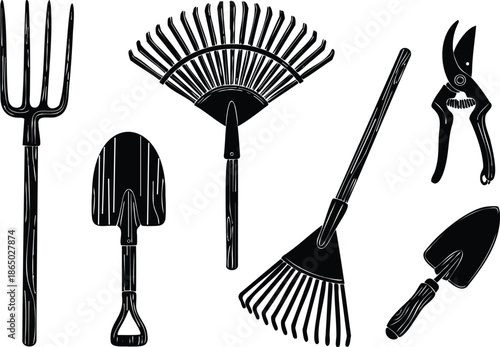 Silhouette vector set of garden tools close up pitchfork shovel leaf rake long handle hand trowel pruning shears wooden handles vintage ink style illustration