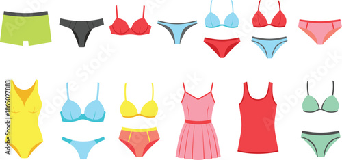 Colorful women underwear and swimwear illustration set featuring bras panties bikinis bodysuit and casual summer fashion items
