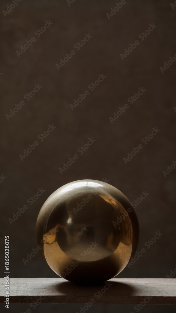 Obraz premium highly reflective metallic sphere resting on a wooden surface against a plain background