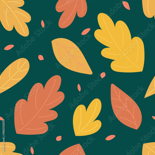 Seamless pattern with autumn leaves on dark green background. Autumn and harvest concept. Flat style vector illustration.