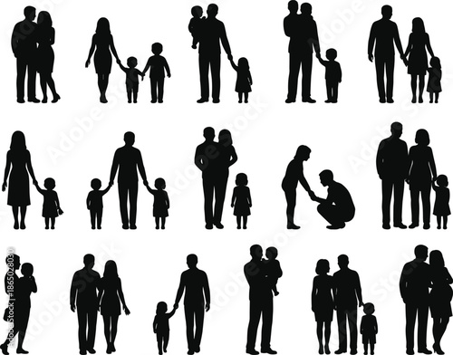 WebFamily silhouette icon set showing parents children couples walking holding hands isolated black vector illustration collection people relationship love together parenting