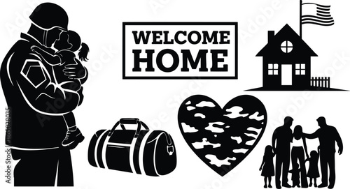 Flat design soldier returning home silhouette hugging child close up with duffel bag welcome home sign family house with flag camo heart reunion emotional portrait veteran