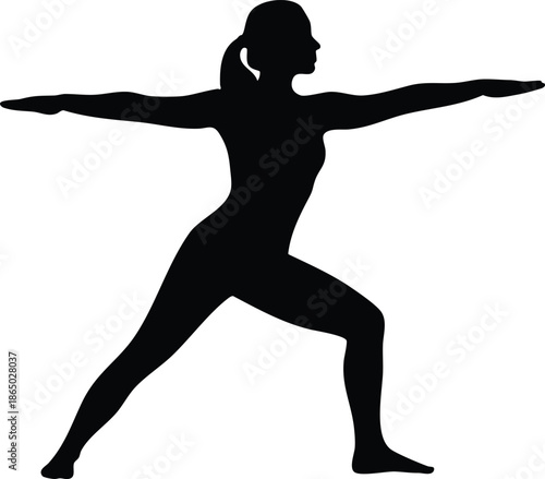 Flat design silhouette side view female in warrior two yoga pose with ponytail arms extended wide steady balance on white background minimal fitness icon studio vector