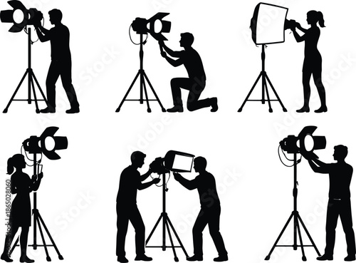 Film crew lighting silhouette set showing studio technicians adjusting professional lights stands reflectors isolated black vector illustration collection design icons