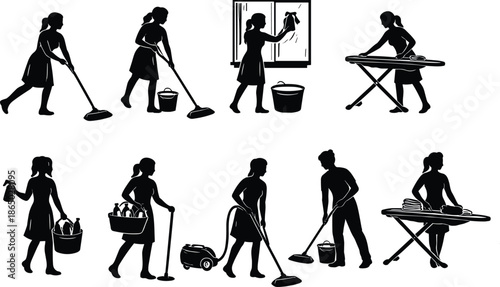 Housekeeping cleaning service silhouette set featuring domestic workers mopping vacuuming ironing window washing chores isolated black vector illustration collection