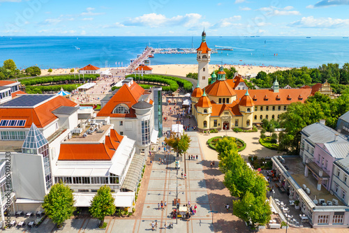 Sunny landscape of the resort town of Sopot and Molo - pier on the Baltic Sea. Poland