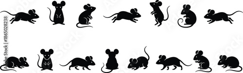 Mouse silhouette icon set showing various poses and movements, black minimalist rodent illustrations isolated on white background for design