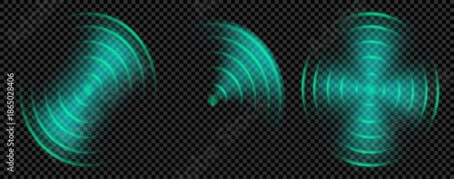 Greed radar light or sonar wave effect. Radio sound with antenna frequency ring scan. Smart car electronic audio pulse glow with concentric radius. Realistic wireless control design vector