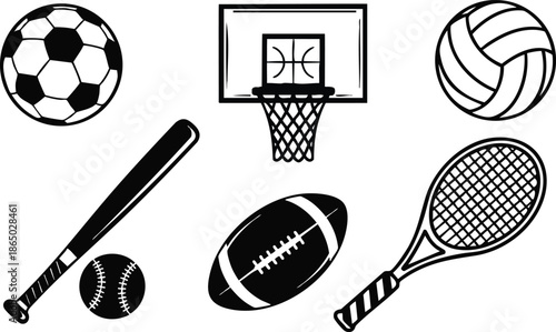 Line art sports equipment icons showing soccer ball baseball bat and ball american football tennis racket volleyball and basketball hoop in black and white flat style