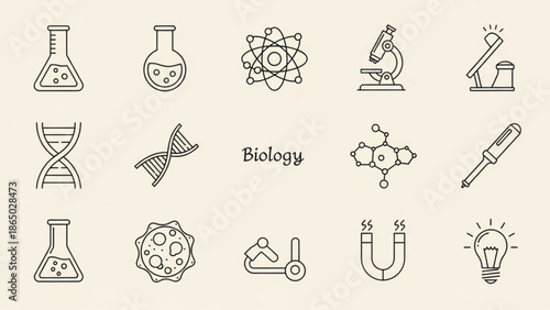 A collection of various biology science icons and symbols in line art style on beige background