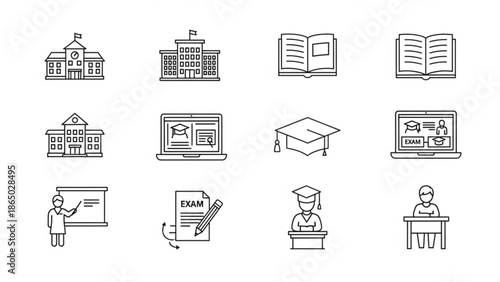 A set of line icons depicting various education related concepts and objects