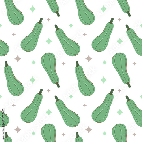 Seamless pattern with zucchini on white background. Autumn and harvest concept. Flat style vector illustration.