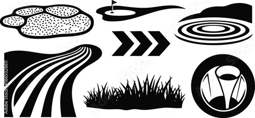 Flat design golf course icon set showing aerial fairway curves bunker sand green flag putting hole circular tee marker grass arrow indicators in black silhouette vector