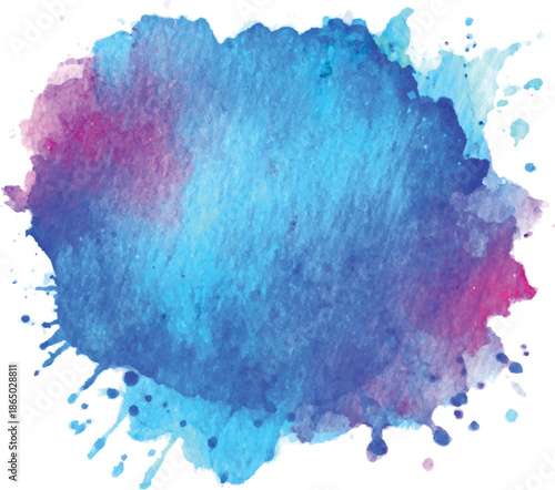 Abstract blue and purple watercolor splash with splatters and drips