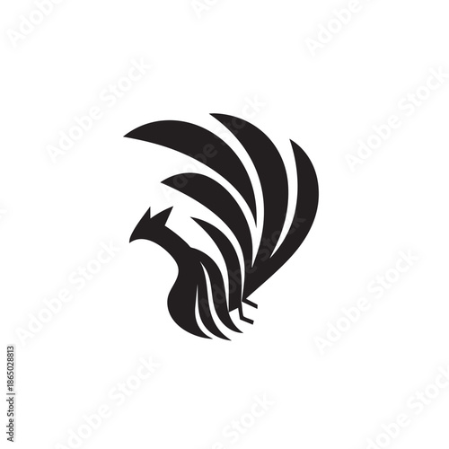 Stylized silhouette of a bird with an upward sweeping tail forms an abstract design.