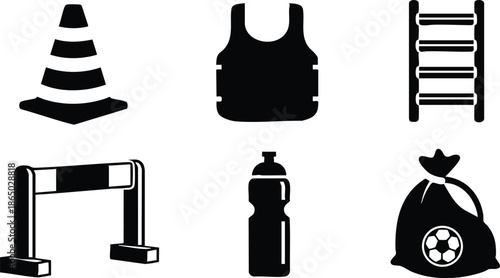 Flat design black sports equipment icon set showing traffic cone reflective vest agility ladder training hurdle water bottle equipment bag with soccer ball front view minimal
