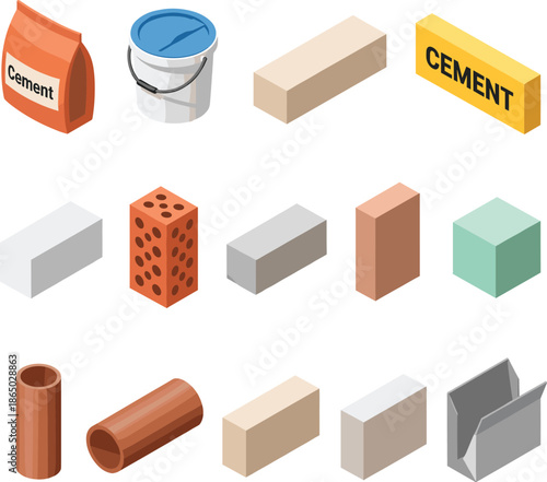 Isometric construction materials icon set featuring cement bricks blocks pipes and building supplies for industrial design use
