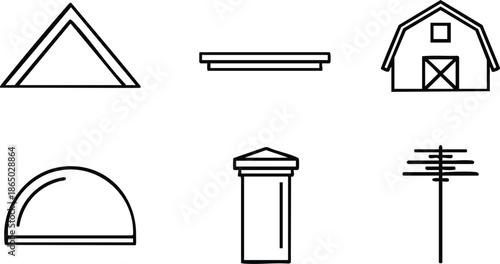 Line art flat design six roof and building element icons showing gable triangle shed barn dome column and utility pole in simple black outline isolated vector