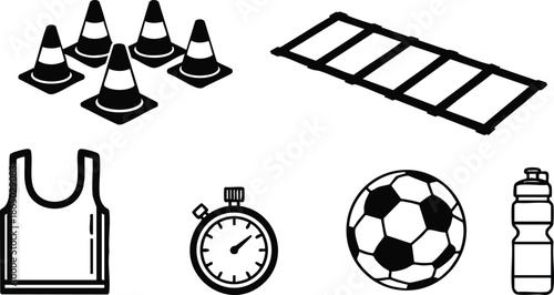 Flat design overhead layout of soccer training icons cones agility ladder bib stopwatch ball and water bottle isolated on white minimal vector sports equipment set