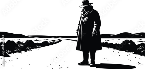 Film noir silhouette low angle lone detective in long coat and fedora standing on desert road looking down dramatic shadow high contrast vector art minimal landscape